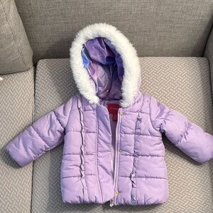 London Fog Lavender Puffer Jacket with Faux Fur Hood